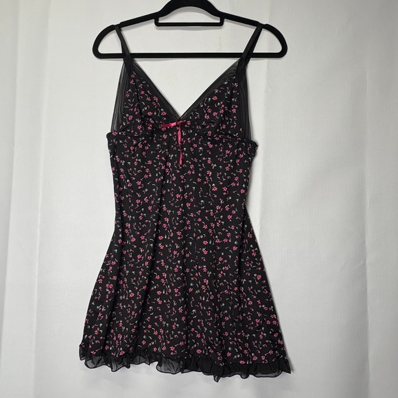Jessica Simpson Babydoll Mini Dress Black Pink Floral Lingerie Sheer Trim - Picture 1 of 7